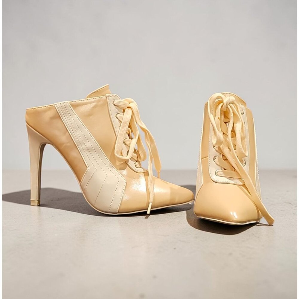 Nude Lace-Up Stiletto Mule Heels With Pointed Toe For Women